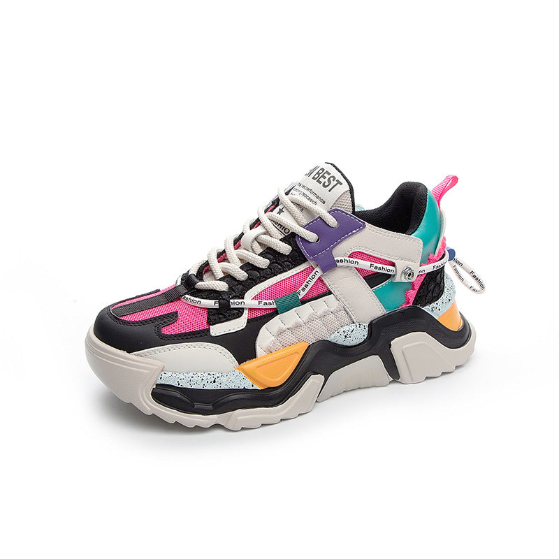 Spring New Leather Daddy Shoes Women's Sports Casual Shoes Thick Bottom Color Matching Running Shoes