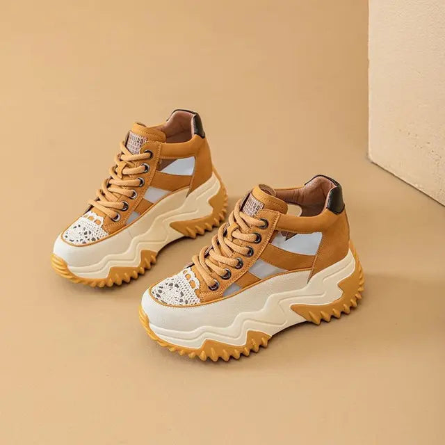 Thick Bottom Height Increase Shoes Female Summer New Lace-up Fashion Sneakers Hollow Out Breathable Sports Womens Shoes
