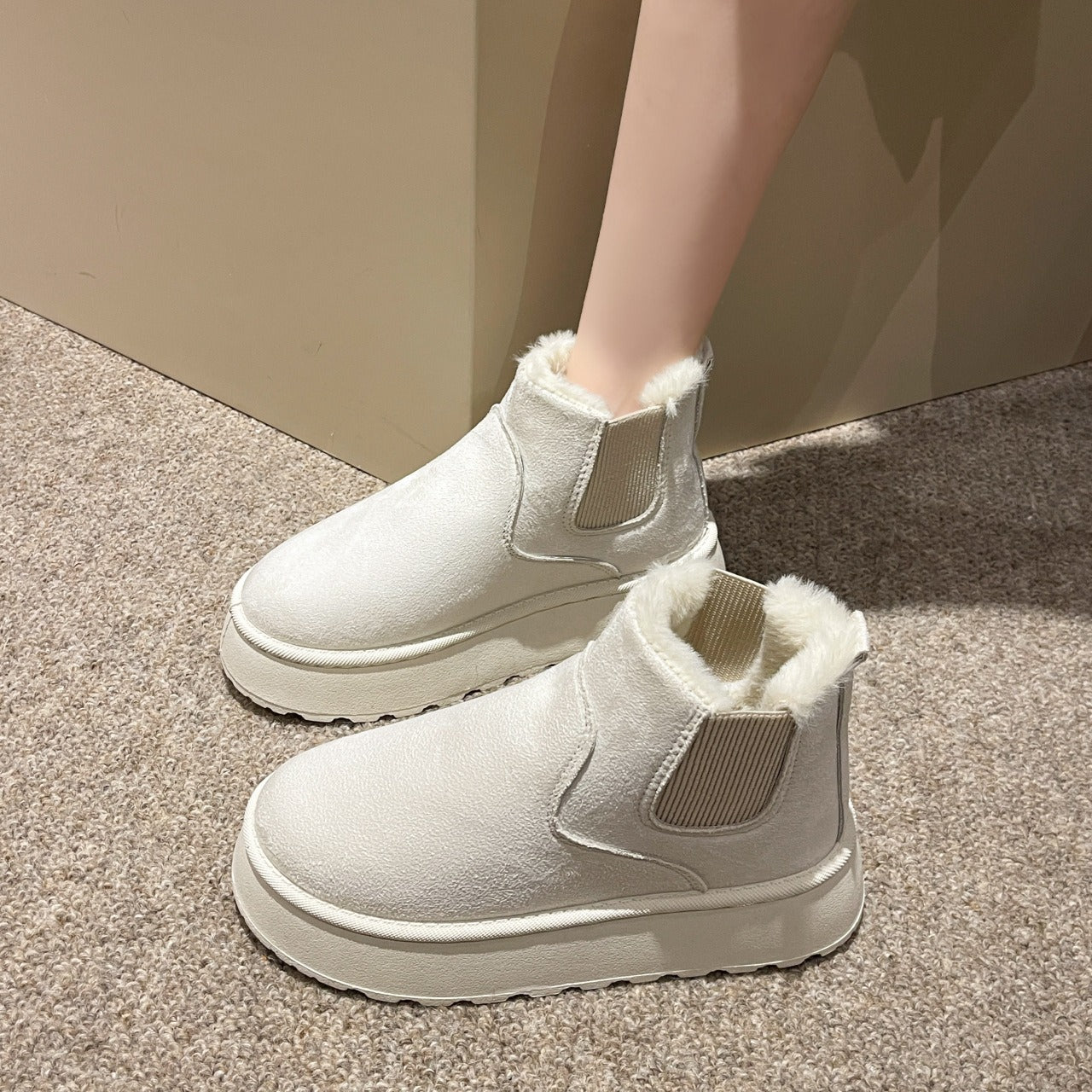 Short tube bread cotton shoes with plush and thick snow boots for women