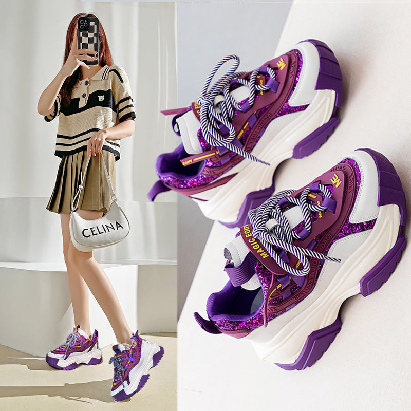 Leather Women's Ins Trendy Shoes Thick Bottom Spring New Heightening Casual Sports Shoes