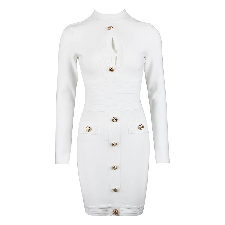 Women's Button Long Sleeve Hollow Out Bandage Dress Mini Black White Bodycon Spring Elegant Sexy Club Evening Party Dresses