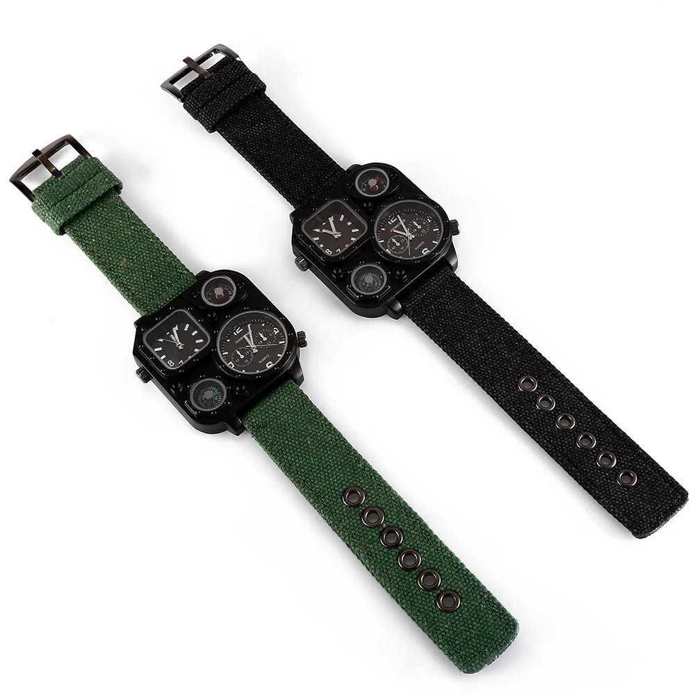Quartz Mens Watches Top Brand Luxury Canvas Strap Sports Wrist Watch For Men Daul Times Military Relogio Masculino Quartz-watch