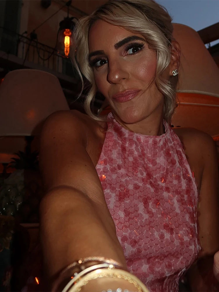 Halter Collar Bead Dress Sequin Glitter Lace Up Hanging Neck Fashion Sexy Backless Socialite Party Gown Pink Beach Short Dresses