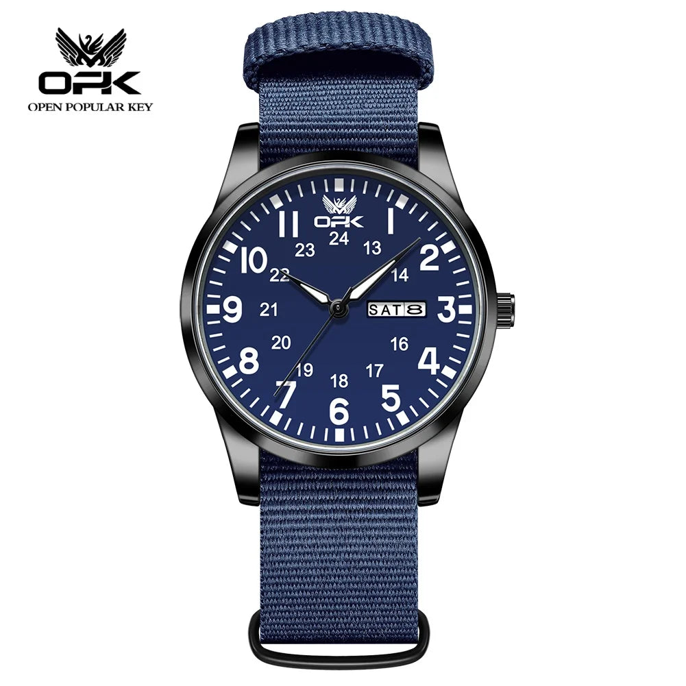 OPK 6090 Quartz Watches for Man Fashion Casual Nylon Webbing Watchband Dual Calendar Waterproof Luminous Men's Sports Watches