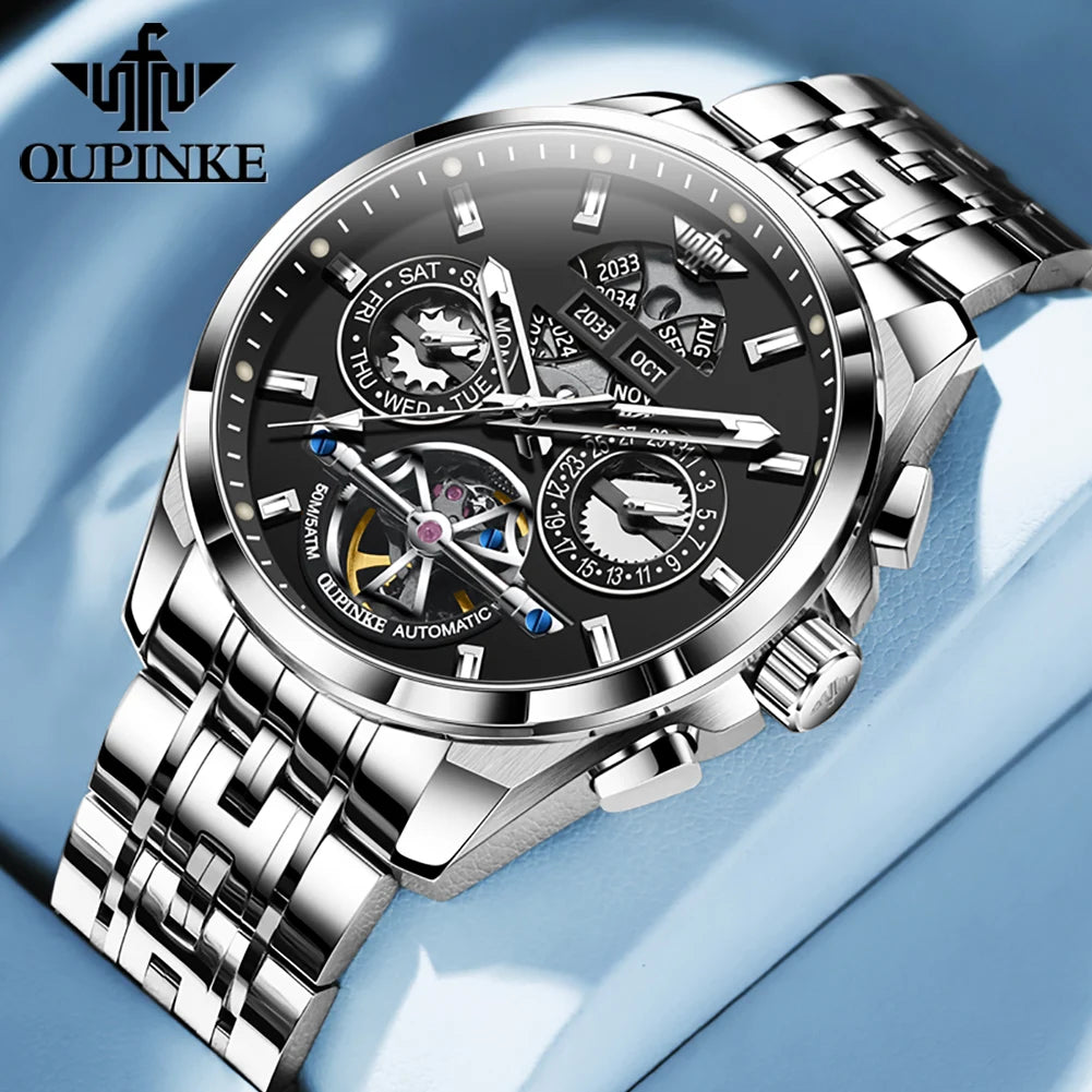 OUPINKE 3251 Men's Watches Flywheel Automatic Mechanical Original Wristwatch for Man Waterproof Luminous Perpetual Dual Calendar