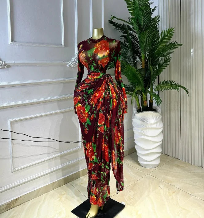 CM.YAYA Women Floral Print O-neck Ruched Bodycon Long Maxi Dress 2026 summer Evening Birthday Club Party Vestidos Sexy Dresses