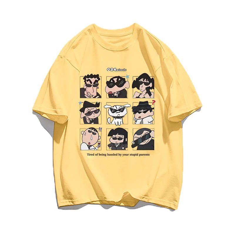 2025 Summer Women's Clothes Streetwear Crayon Shin Chan Print Cartoon T Shirt Tops Men's Women's Clothes 100%Cotton T Shirts