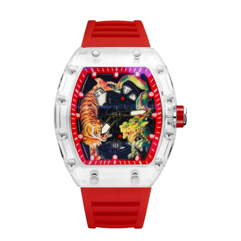 Fashion Tonneau Plastic Case Quartz Watch Men Dragon and Tiger Engraved Dial Luxury Waterproof Sport Watches Men Steel Men Watch