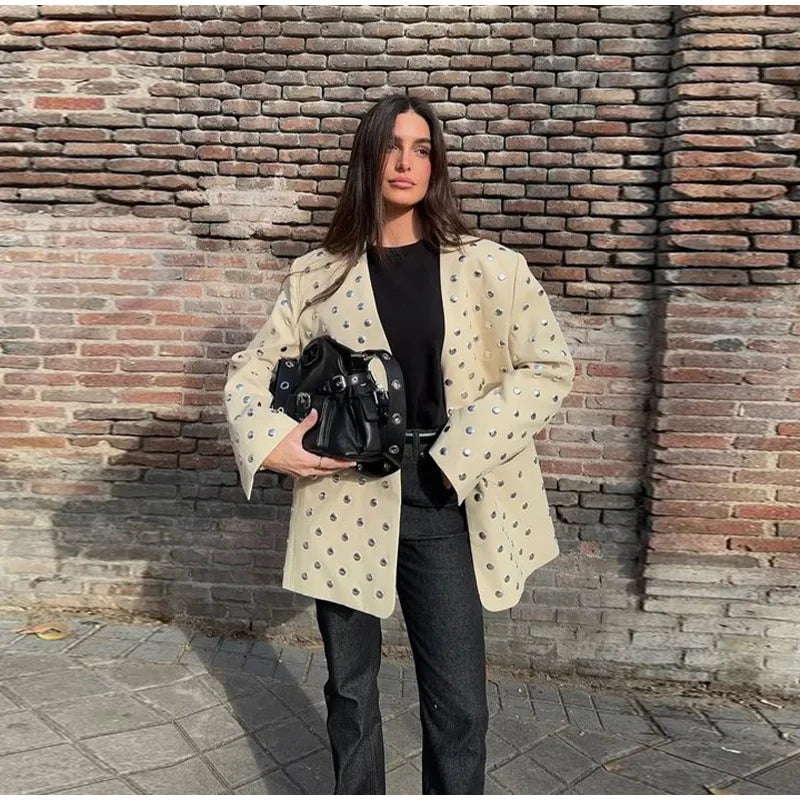 Rivet Fashion V-neck Balzer Coat Women Shoulder Pads Loose Fake Pocket Long Sleeve Jacket 2025 Spring Street Party Commute Tops