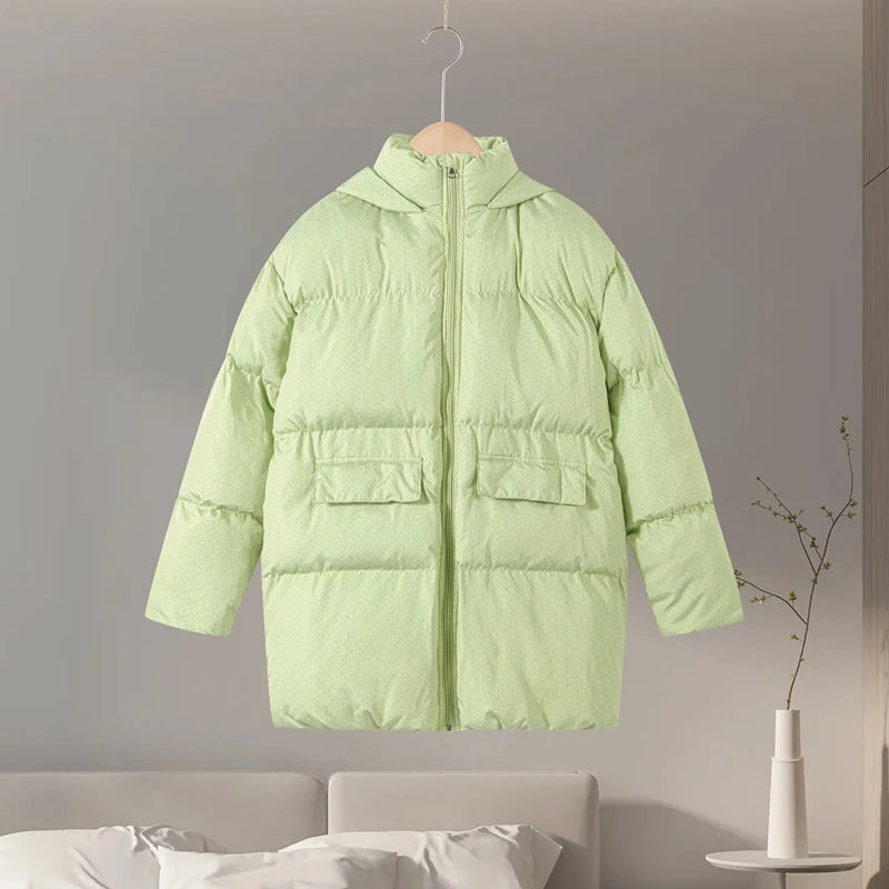 Printed Hooded Puffy Cotton Jacket Women Stand Collar Long Sleeve Zipper Loose Padded Coats 2025 Winter Lady Warm Outwear Street