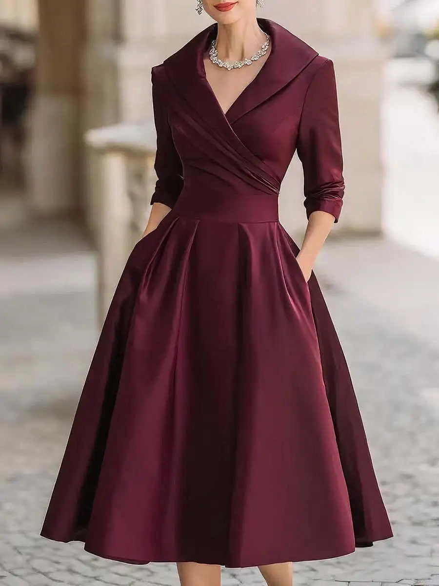 Office Lady Slim A-Line Dress Women 2025 Autumn Winter Fashion Long Sleeve Turn-down Collar Maxi Dresses Elegant Vestidos