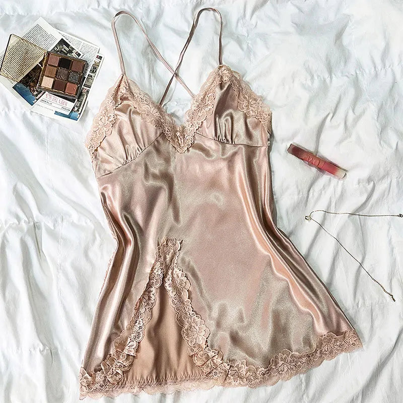 Ice Silk Thin Style Halter Nightdress Women's Lace Homewear Sexy Pajamas Solid Lenceria Mujer Silk Satin Suspender Dresses