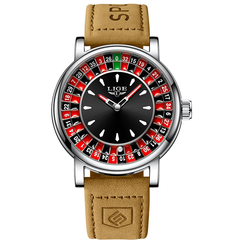 LIGE Quartz Man Watch Fashion Luxury Creative Roulette Game Dial Design Leather Casual Life Waterproof Watches for Men Gifts+Box