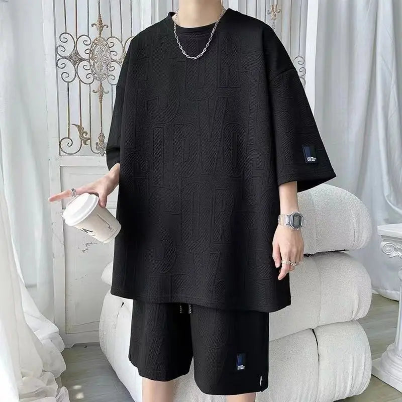 2026 3D Men's new Waffle TZ30 Summer Suit Casual T-shirt + Shorts Suit Men's Tracksuit Solid color tracksuit loose suit