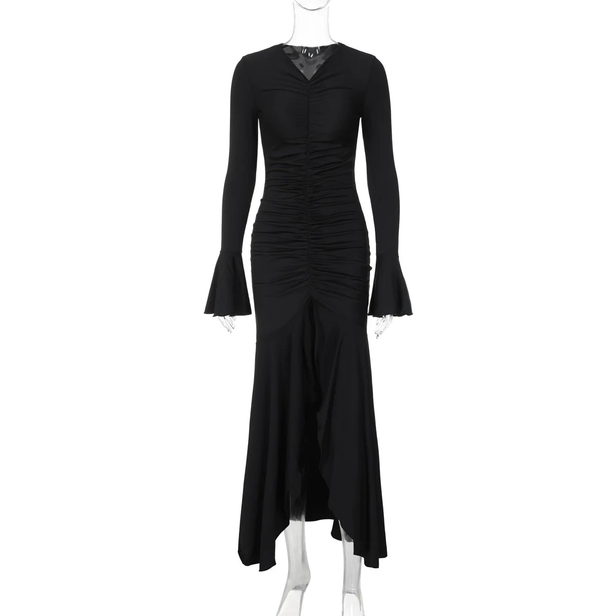 Women Elegant Ruffle Hem White Long Dress Fashion Shirring V-neck Flare Long Sleeve Dresses 2024 New Evening Party Robes Vestido