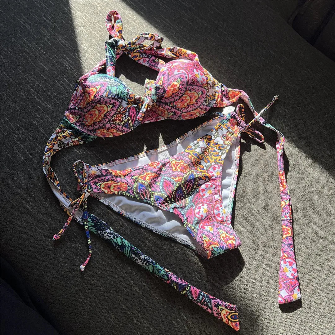 S- XL Sexy Printed Underwired Halter Bikini Women Swimwear Female Swimsuit Two-pieces Bikini set Bather Bathing Suit Swim V4591