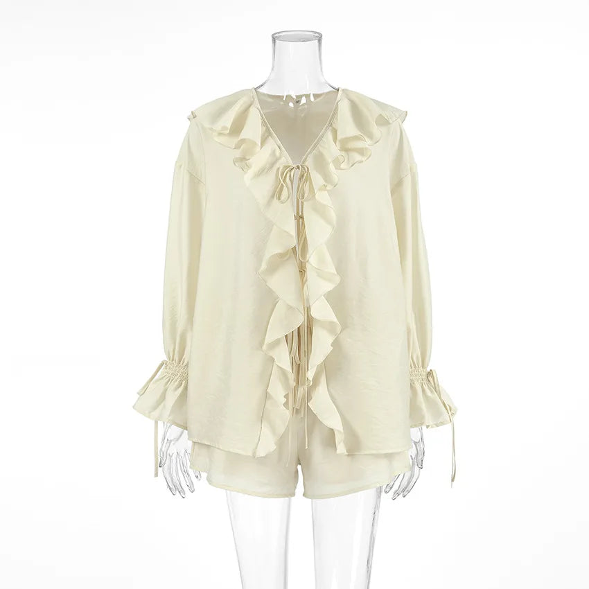Casual Ruffled Shirt Shorts 2-Piece Set Women V Neck Flare Sleeve Lace-up Loose Blouse Shorts Suit Summer Beach Vacation Outfits