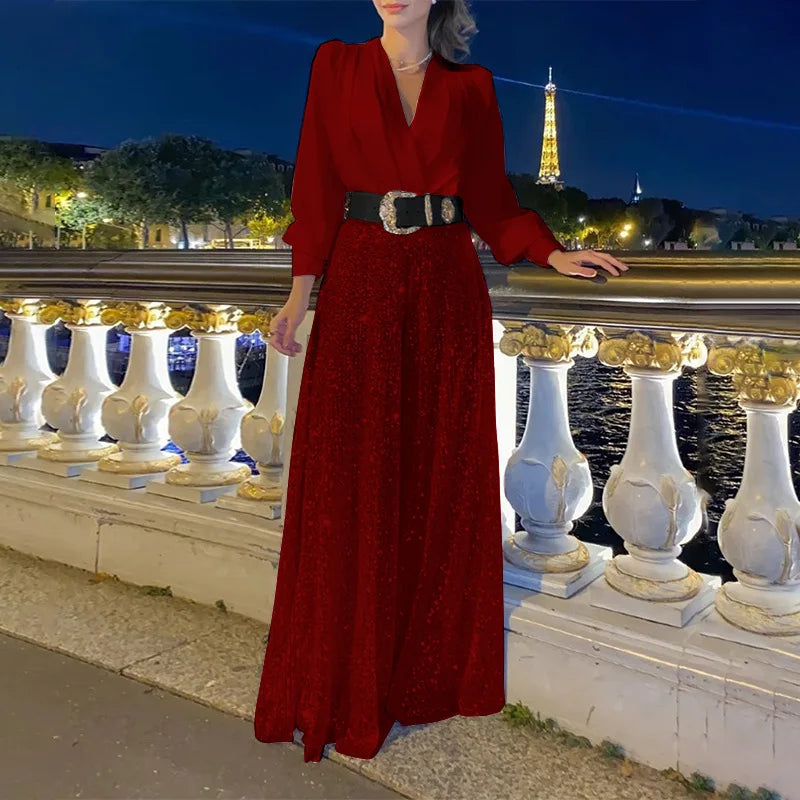 TARUXY Splice Sequins Maxi Dresses For Women Fashion Folds Loose V Neck Elegant Dress Femme Party Evening Dresses Luxury 2023