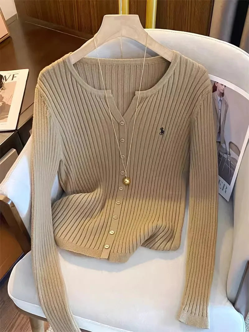 2025 New Women Solid Fashion Knitted Tops Y2K Embroidery Long Sleeve Cardigans Sweaters Fashion Streetwear Lady Shirts