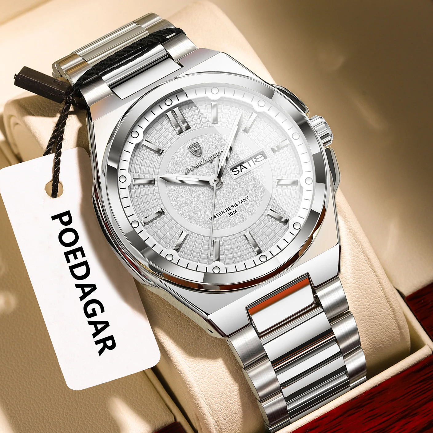 POEDAGAR Top Business Men's Watches Stainless Steel Waterproof Luminous Man Watch Date Week Quartz Casual Fashion Men Wristwatch