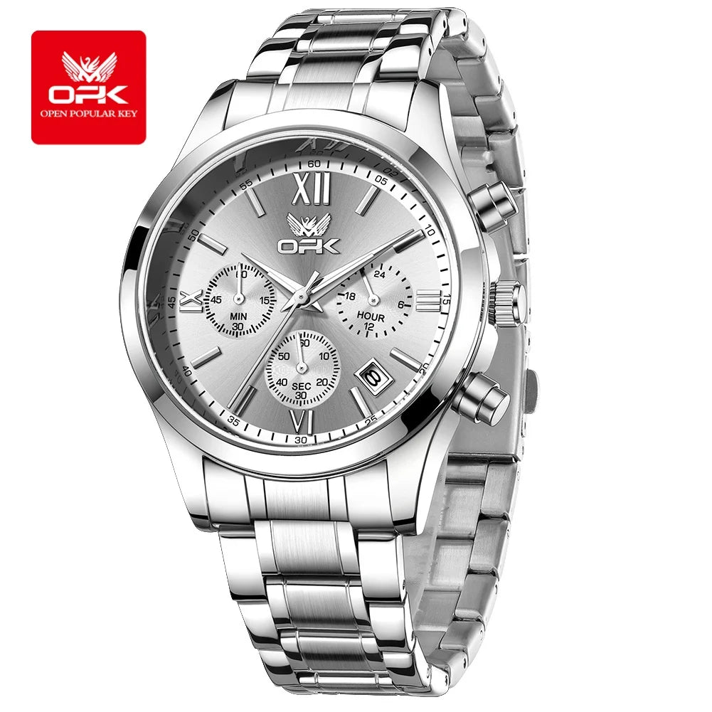 OPK 6052 Chronograph Quartz Wristwatch Original Steel Strap Waterproof Luminous Calendar Fashion Elegant Men's Business Watches