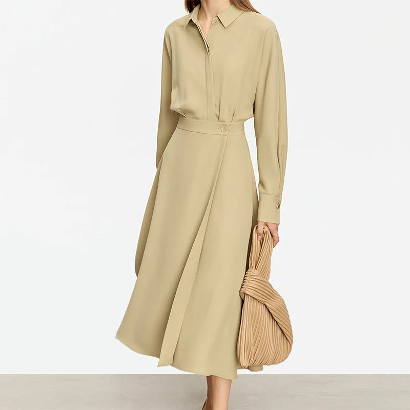 AMII Minimalist French Long-sleeve Shirt Dress for Women 2024 Autumn New A-line Office Lady Solid Midi Dresses Vestidos 12343290