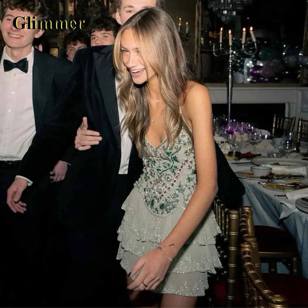 Glimmer Chic Mini A-line Cocktail Dresses with Rhinestones Spaghetti Straps Short Party Dresses Formal Party Gown Customized
