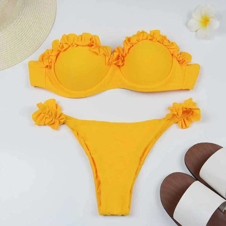 sexy ruffles strapless bikinis sets women leopard print swimsuit two pieces biquini push up bandeau lady swimwear bathing suits