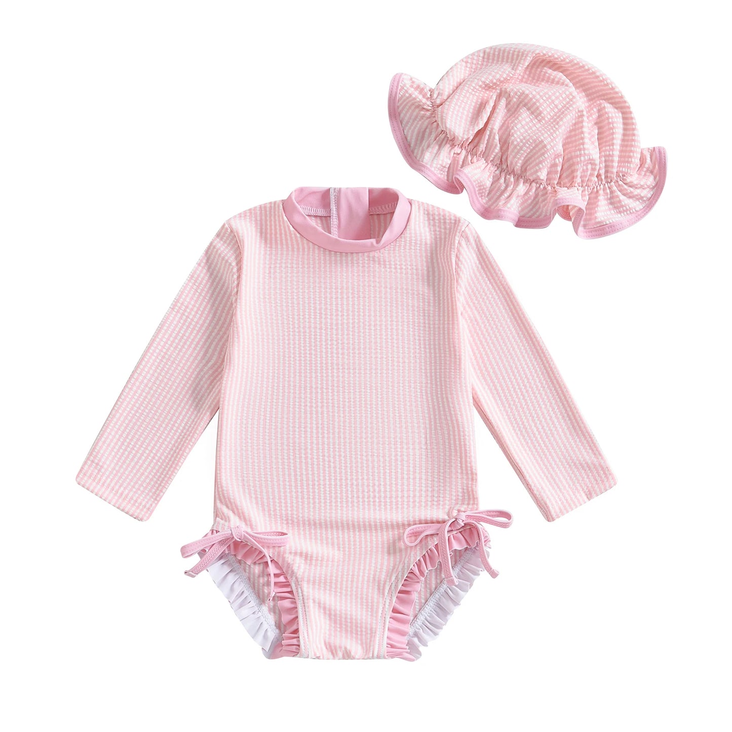 MISOWMNJOY Infant Baby Girls Summer Swimsuit with Hat Toddler Striped Long Sleeve Zipper Bathing Suit Children Beach Swimwear