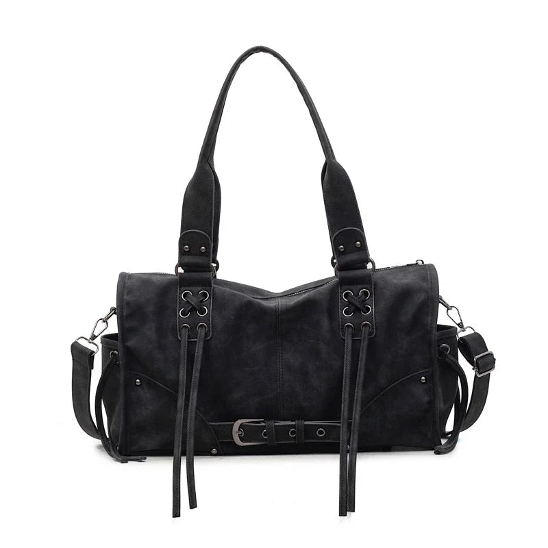 Retro Motorcycle Handbag Women Horizontal Tote Storage Tassel Design Pillow Shoulder Bag Trendy Large Capacity Soft Underarm Bag