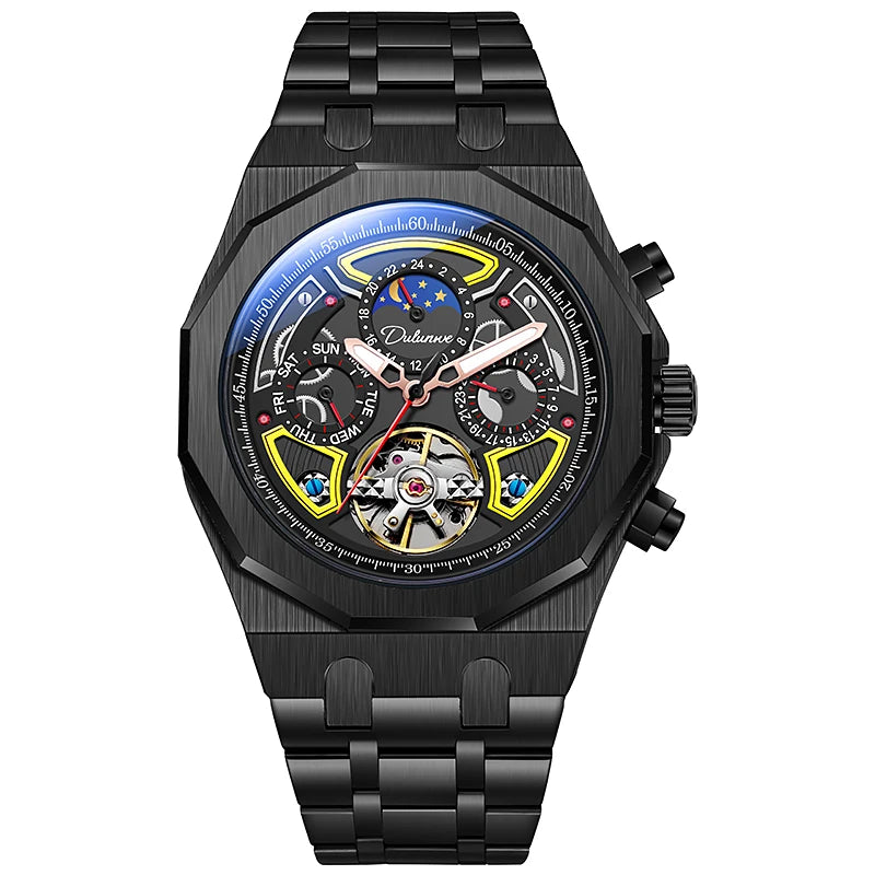 Luxury Tourbillon Watches Men Fashion Sport Rubber Strap Moon Phase Date Waterproof Automatic Mechanical Wrist Watch Man Reloj