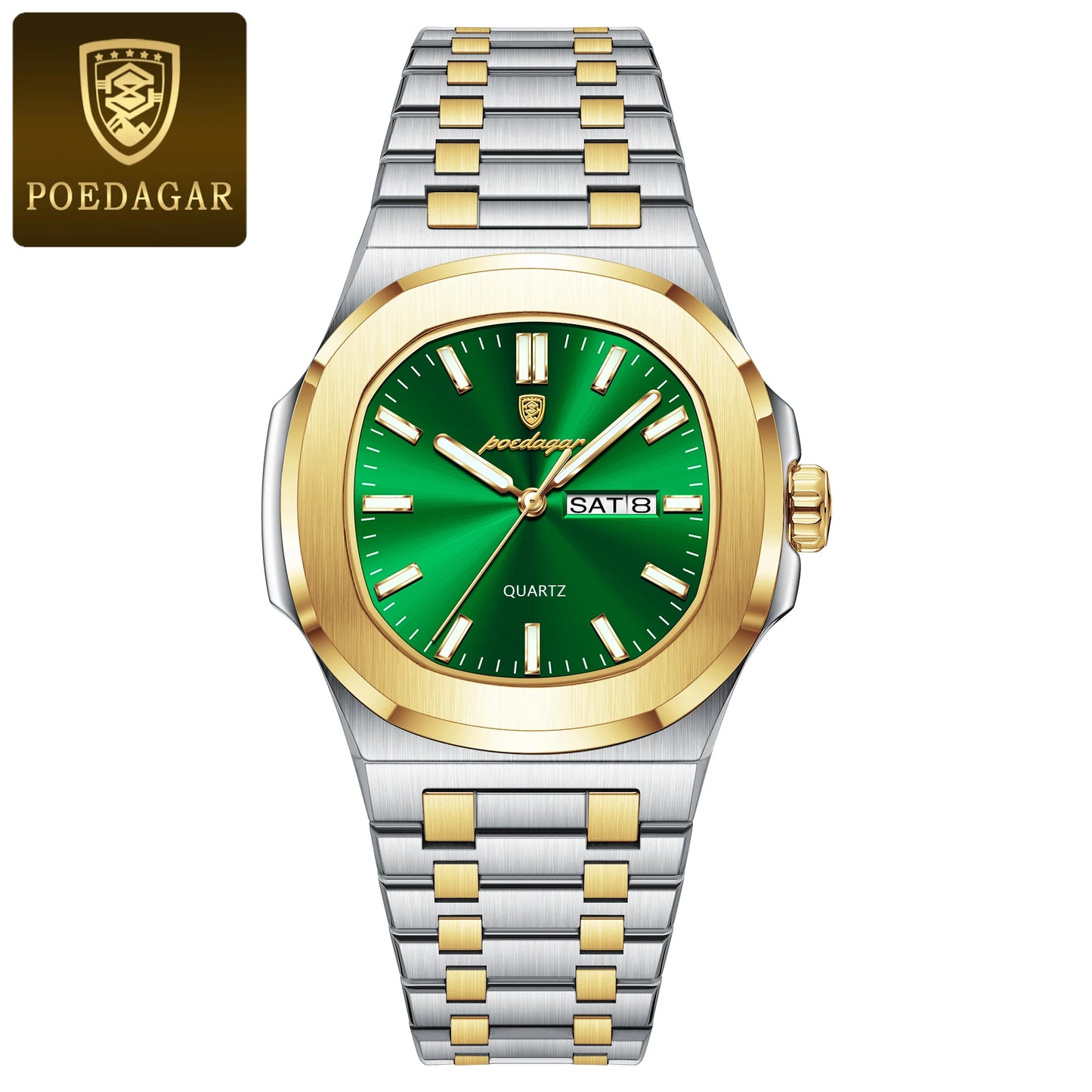 POEDAGAR Classic Square Men Wristwatch Waterproof Luminous Date Week Casual Man Clock Stainless Steel Men's Quartz Watches Reloj