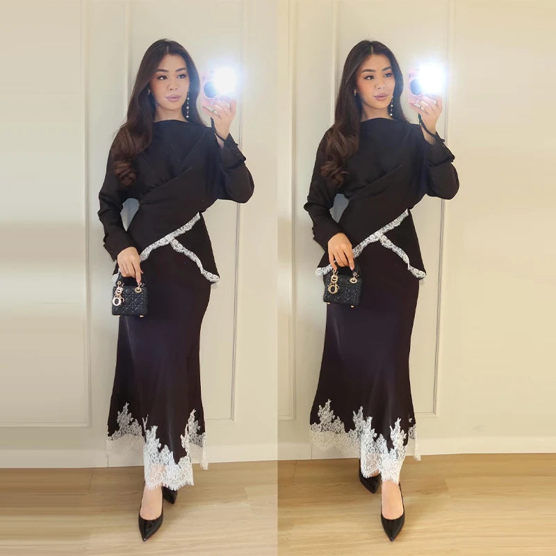 Lace Trim Women's Dress Long Sleeve Wrap O-Neck Top Midi Slim Skirt Satin Elegant Party Evening Dresses Trendy Outfit Ladies