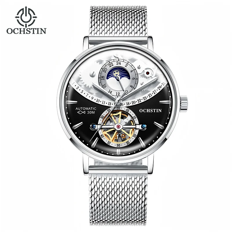 OCHSTIN Men's Stainless Steel Mesh Bracelet Watches Man High-Grade Cooktop Glass Skeleton Mechanical Flying Tourbillon Watch
