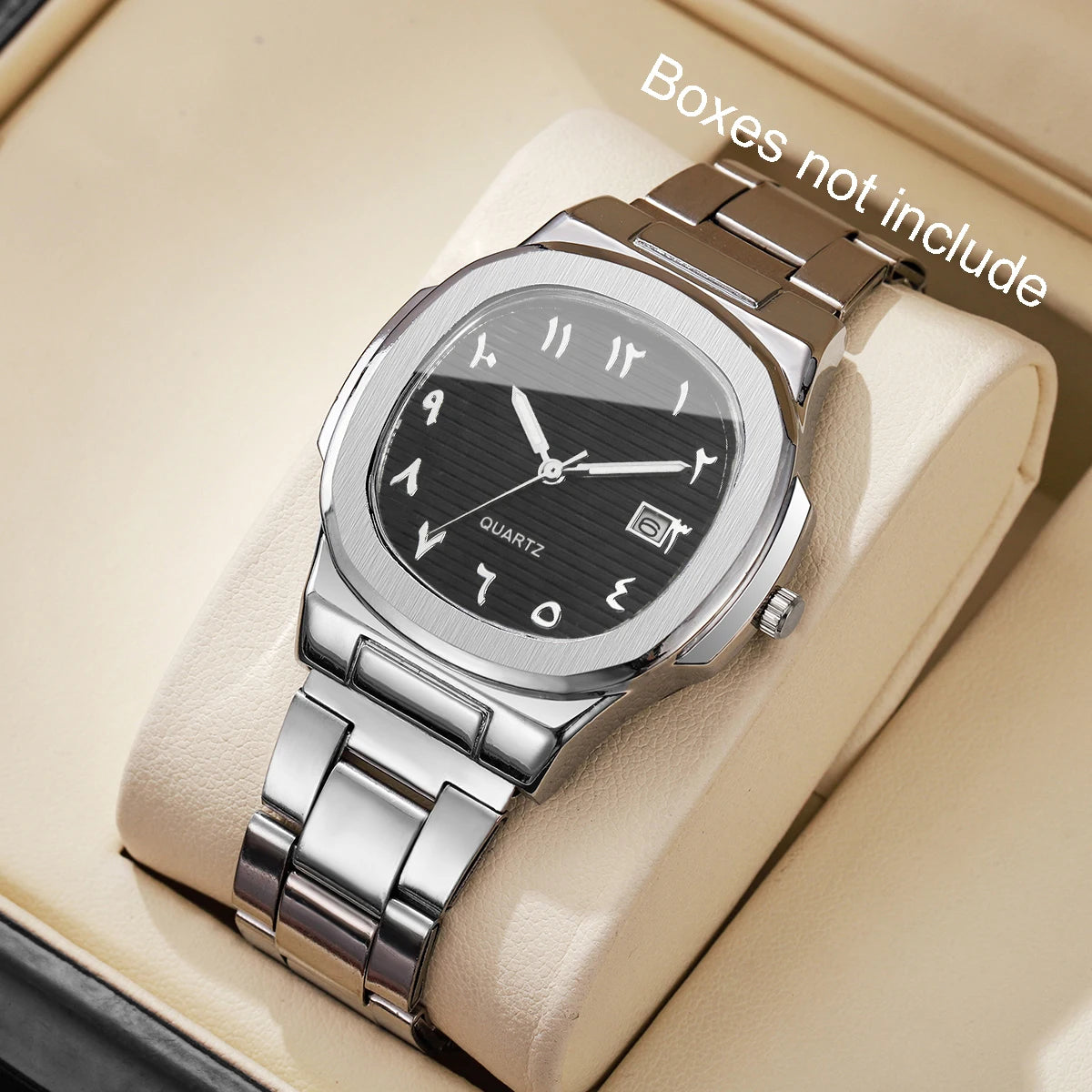 Luxury Men Business Watches Fashion Square Dial Stainless Steel Strap Quartz Watch with Calendar For Mens Clock(Without Box)