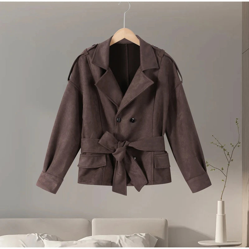 Women's Faux Suede Cropped Trench Coat Jacket Belted Notched Lapel Lace-up Retro Chic Outerwear Spring New High Street Outfit