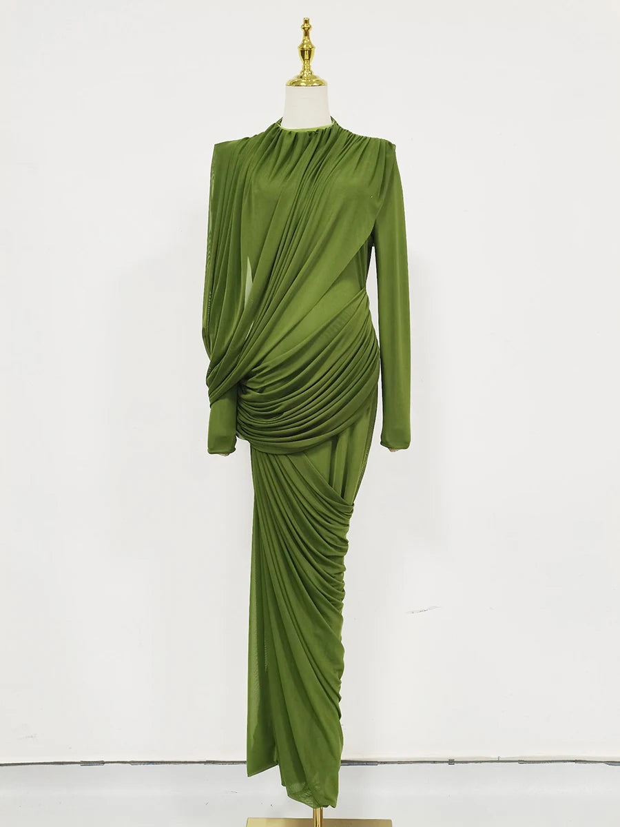 VGH Elegant Vintage Spliced Ribbon Dresses for Women Turtleneck Long Sleeve Irregular Folds Evening Luxurious Maxi Dress Female