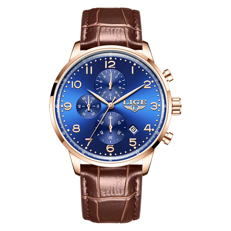 LIGE Casual Sports Watches For Men Fashion Business Leather Waterproof Quartz Men Watch Top Brand Luxury Military Chronograph