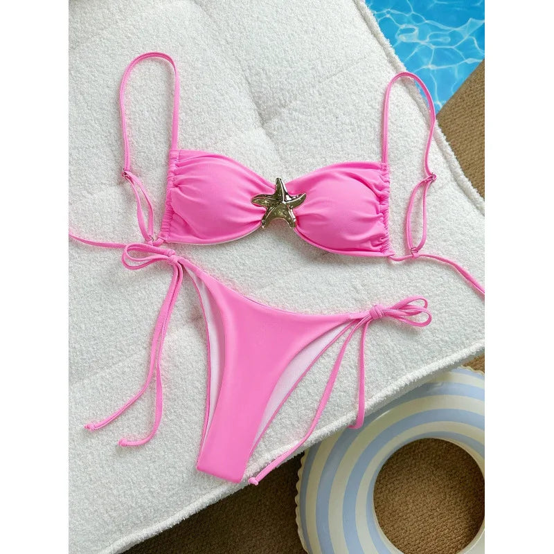 Sexy Solid Color Bikini Set Two Piece Swimsuit Pure Color Quick Dry Backless High Elasticity Nylon Fabric for Swimming And Wa...