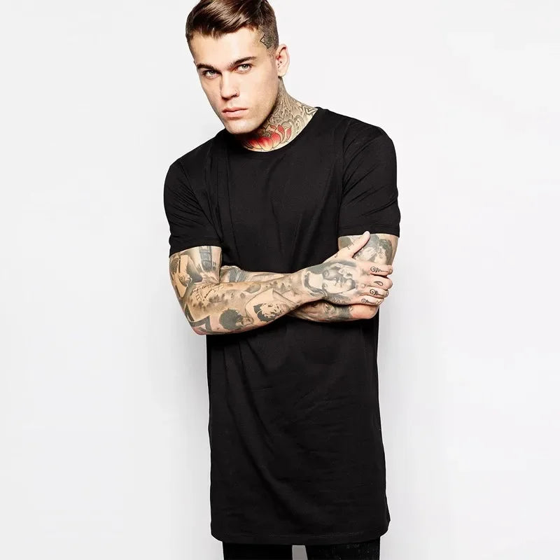 2026 Brand Men's Cotton Clothing White Long T Shirt Hip Hop Men T-Shirt Extra Long Length Man Tops Tee Long Line Tshirt For Male
