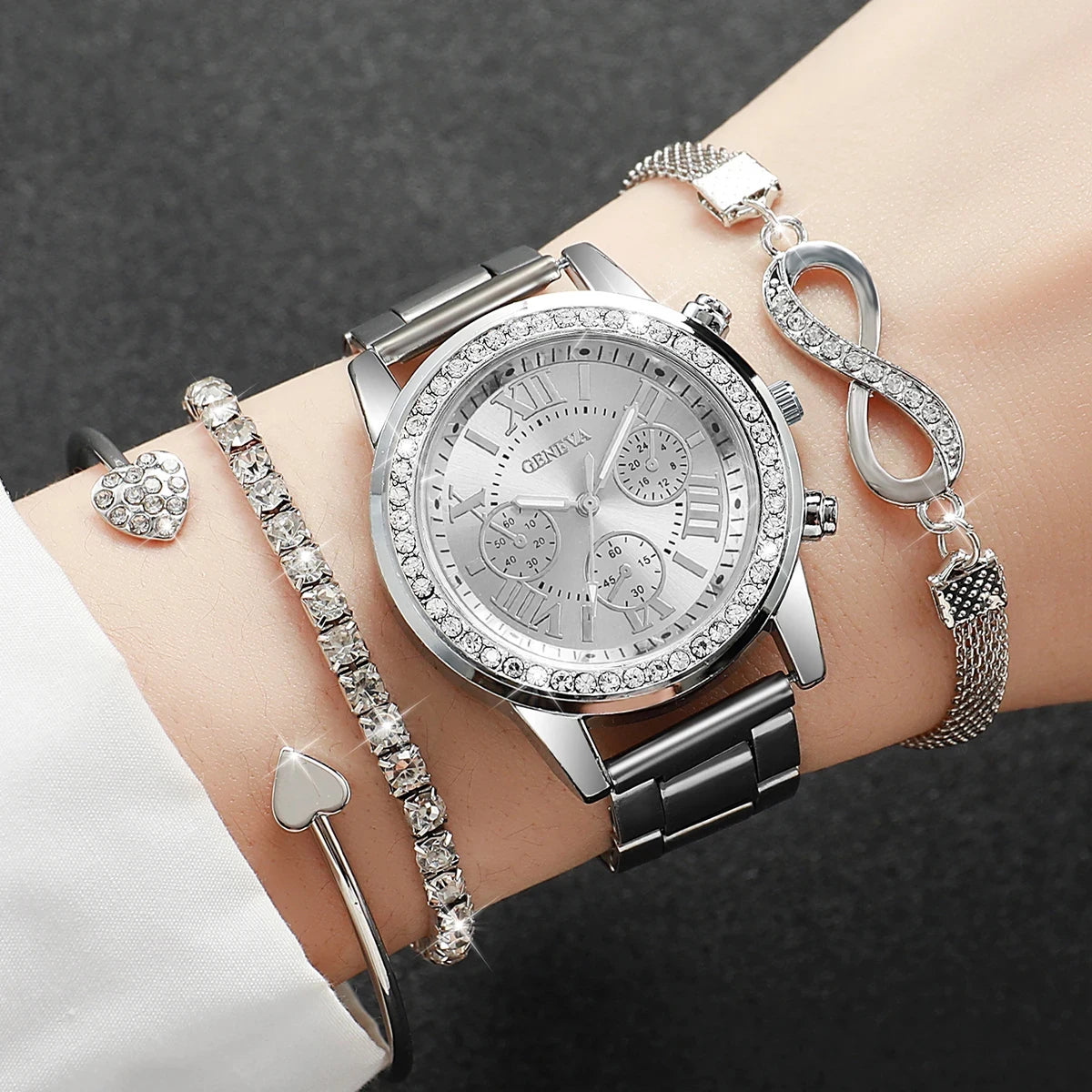 4PCS/Set Fashion Rhinestone Women Watches Luxury Steel Band Ladies Quartz Watch Bracelets Set Reloj Mujer(Without Box)