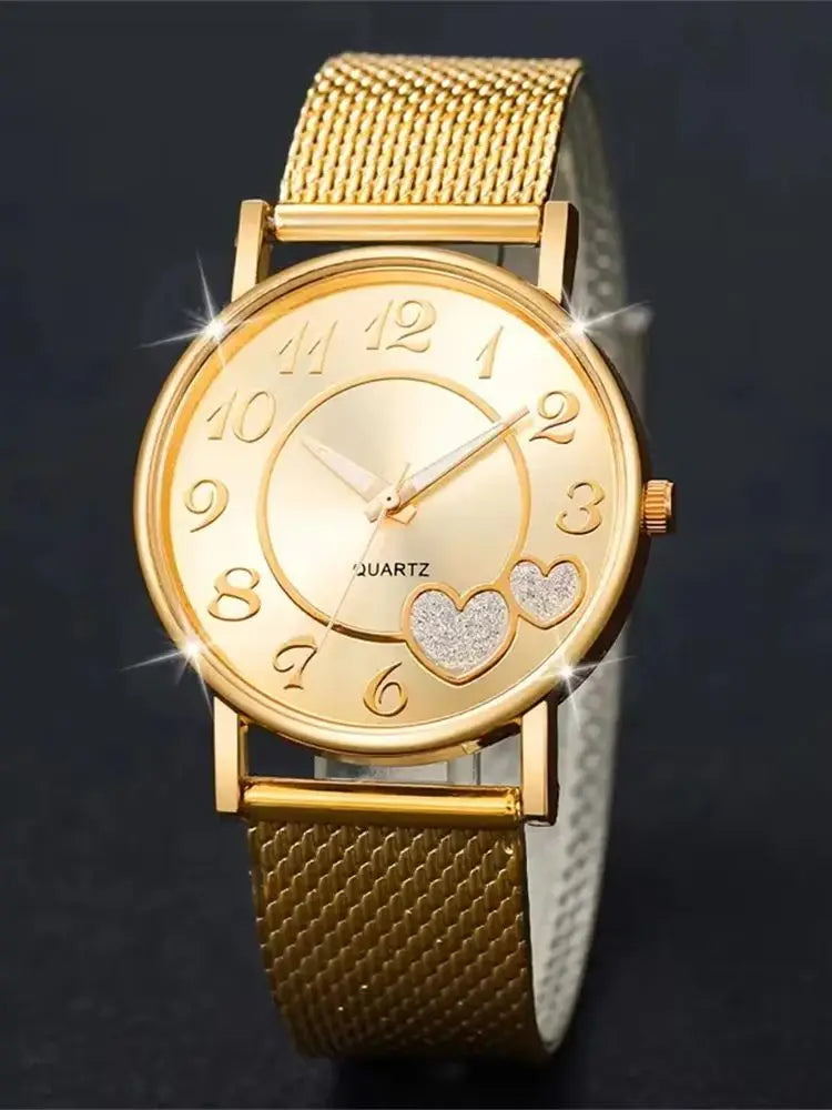 6PCS/Set Fashion Heart Women's Watch Plastic Band Analog Golden Quartz Watches Butterfly Jewelry Set(Without Box)
