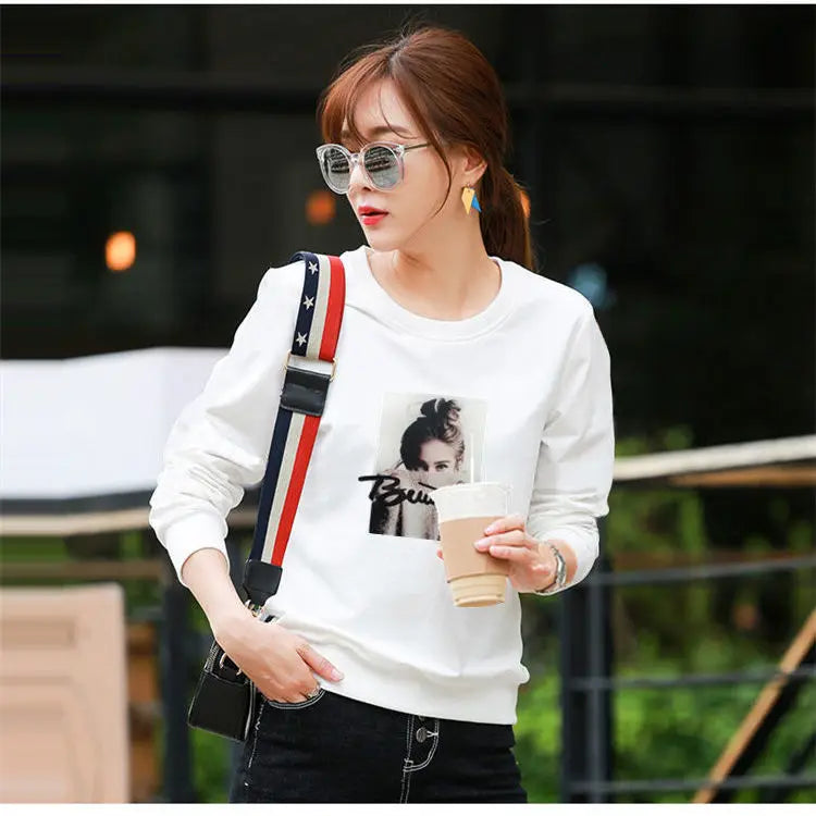 Spring Lady New Loose Appear Thin Long Sleeved Thin Style Korean Round Neck Patchwork Contrasting Colors Insert All-match Tops