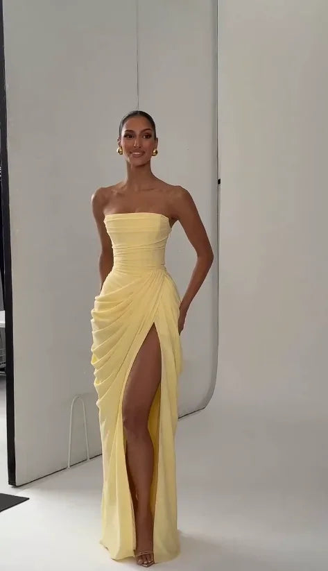 Elegant Yellow Strapless Pleated Dress Women Chic Sleeveless Waist Cinching Split Maxi Gowns Lady Evening Party Dresses 2026 New