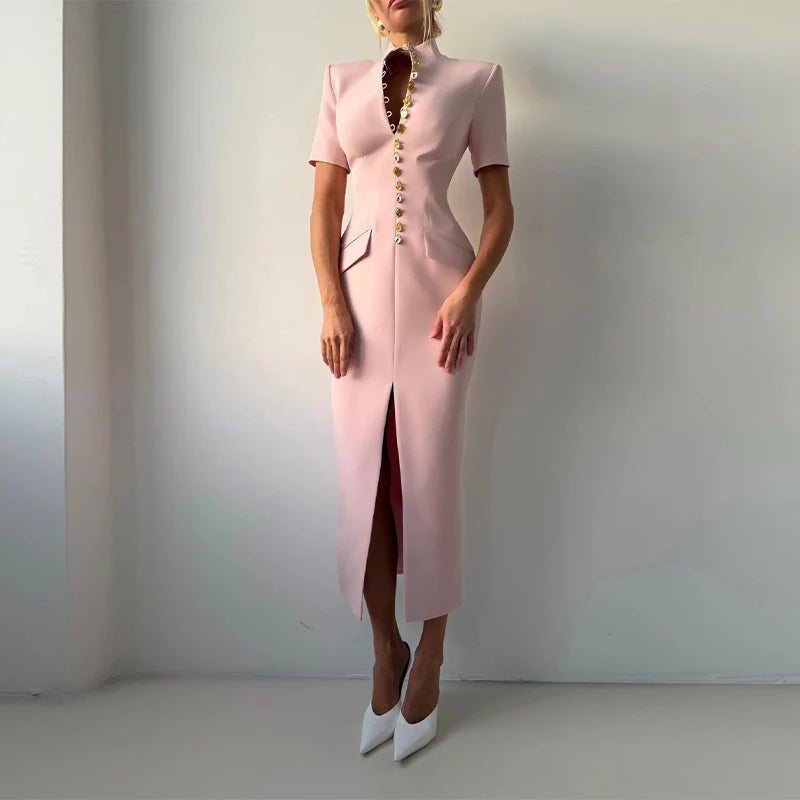 Women's High Neck Bodycon Midi Dress Short Sleeve Gold Button Split Hem Dresses 2026 Female Elegant Formal Evening Party Robe