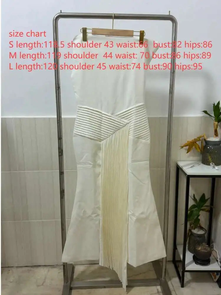 DEAT 2026 Spring Elegant Dress Skew Collar Pleated Design Sleeveless Patchwork High Waist Women's Evening Dresses New 35Z1402