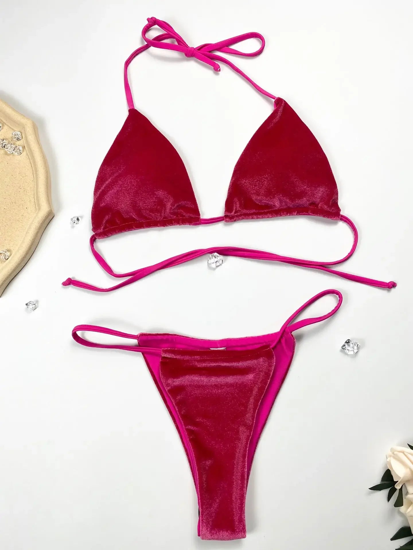Sexy Velvet Swimsuit for Women, Micro Bikini Set, Thong Swim Suit, 2 Piece Bathing Suit for Ladies, Green String Bikini, 2022