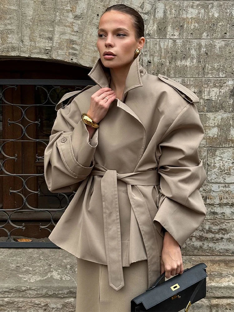 Solid Lapel Belted Windbreaker Chic Full Sleeve Button Loose Long Coat For Women 2025 New Office Lady Daily Commute Overcoats