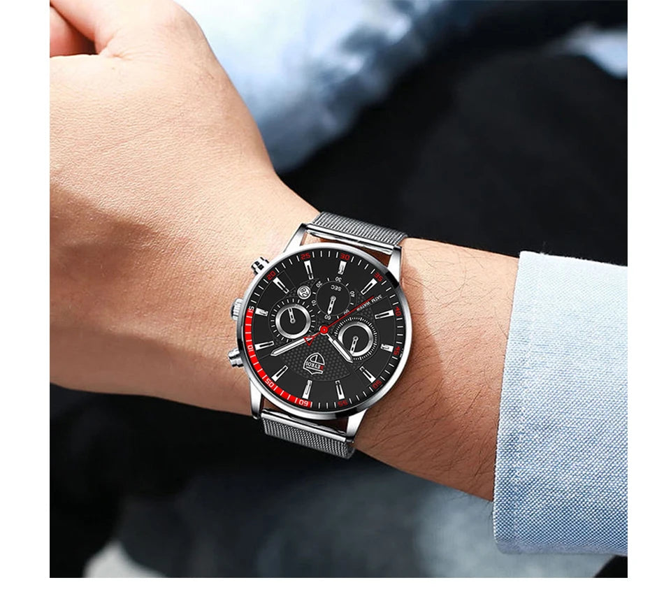 Mens Fashion Sports Watches Men Business Casual Quartz Wrist Watch Luxury Silvery Mesh Belt Watch