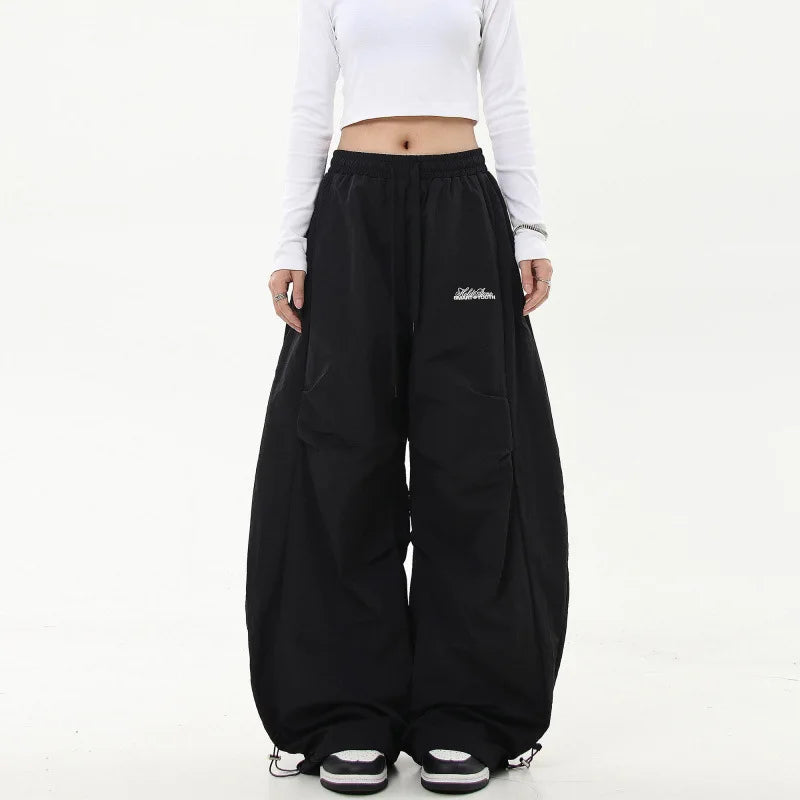 American retro high-end pleated paratrooper work pants, loose wide leg banana curved knife pants, high waisted drawstring pants